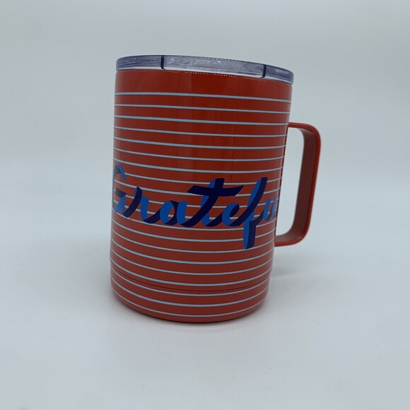 Anthropologie Travel Mug w/ Lid GRATEFUL Coffee Cup Stripes Summer July 4th USA - Picture 1 of 10